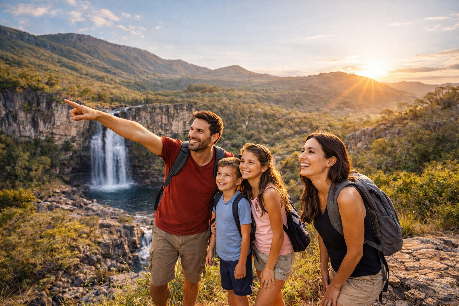 Família explorando uma cachoeira na Chapada dos Veadeiros